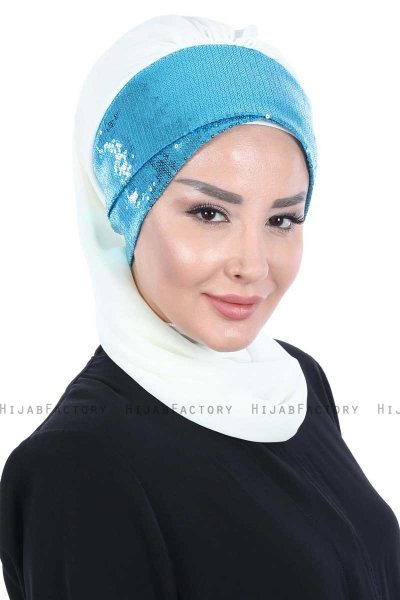 Olga - Offwhite & Blue Chiffon Turban