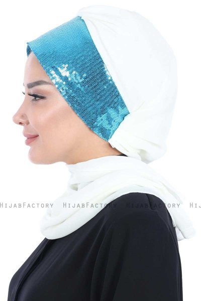 Olga - Offwhite & Blue Chiffon Turban