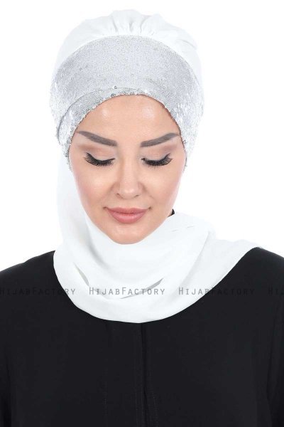 Olga - Offwhite & Silver Chiffon Turban