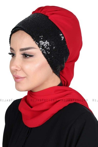 Olga - Red & Black Chiffon Turban