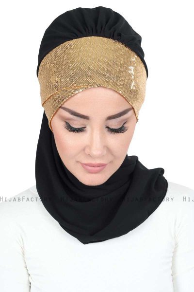 Olga - Black & Gold Chiffon Turban