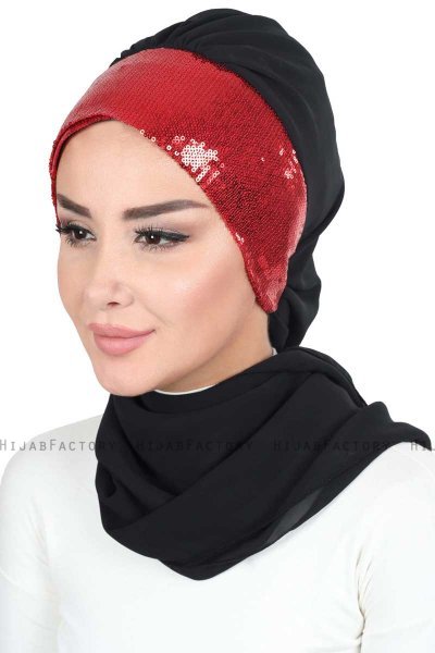 Olga - Black & Red Chiffon Turban