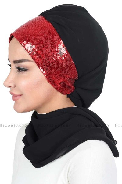 Olga - Black & Red Chiffon Turban