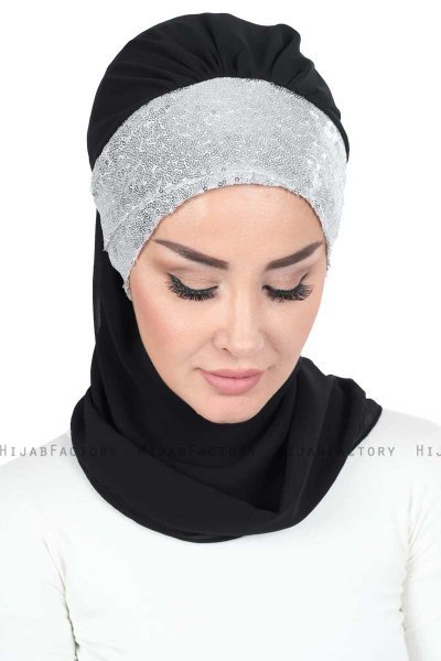Olga - Black & Silver Chiffon Turban