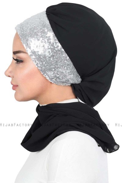 Olga - Black & Silver Chiffon Turban