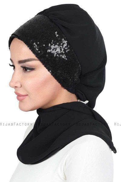 Olga - Black & Black Chiffon Turban