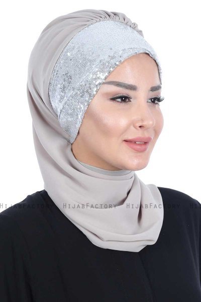 Olga - Taupe & Silver Chiffon Turban