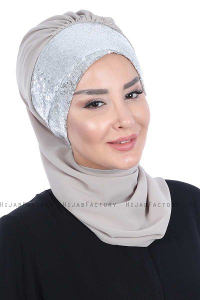 Olga - Taupe & Silver Chiffon Turban