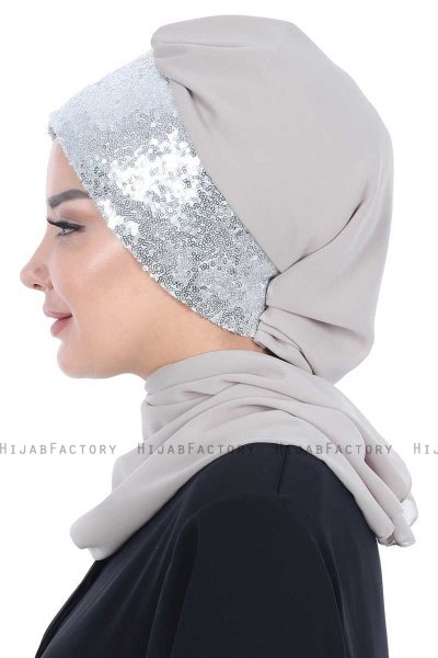 Olga - Taupe & Silver Chiffon Turban