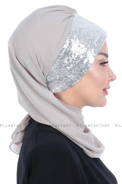 Olga - Taupe & Silver Chiffon Turban