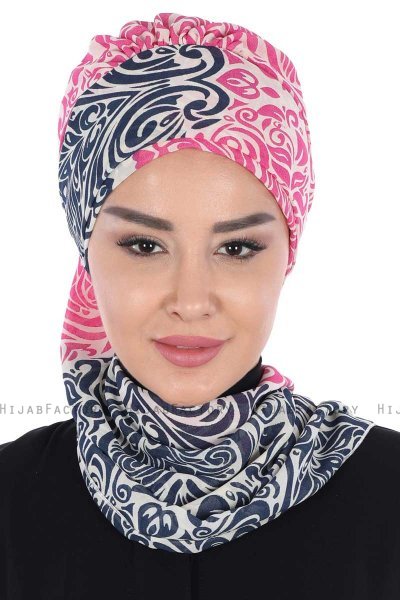 Regina - Navy Blue & Fuchsia Chiffon Turban