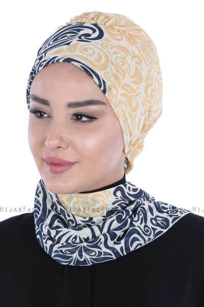 Regina - Navy Blue & Yellow Chiffon Turban