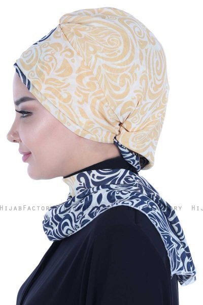 Regina - Navy Blue & Yellow Chiffon Turban