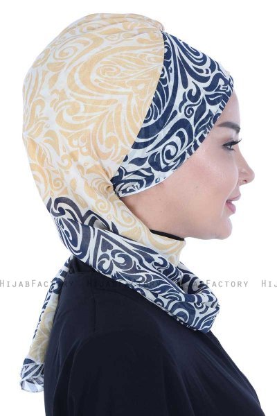 Regina - Navy Blue & Yellow Chiffon Turban