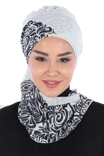Regina - Navy Blue & Light Blue Chiffon Turban