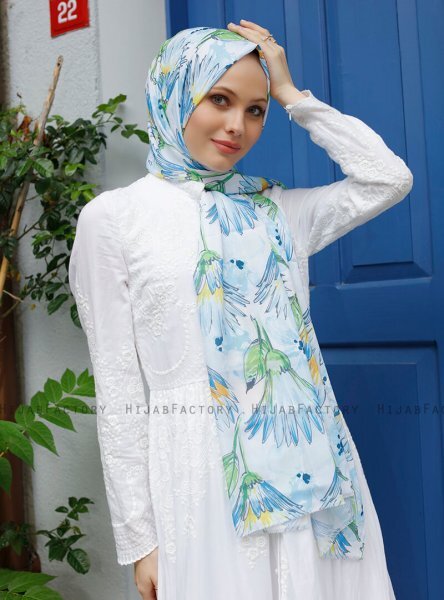 Yumna - Blue Leaf Patterned Hijab