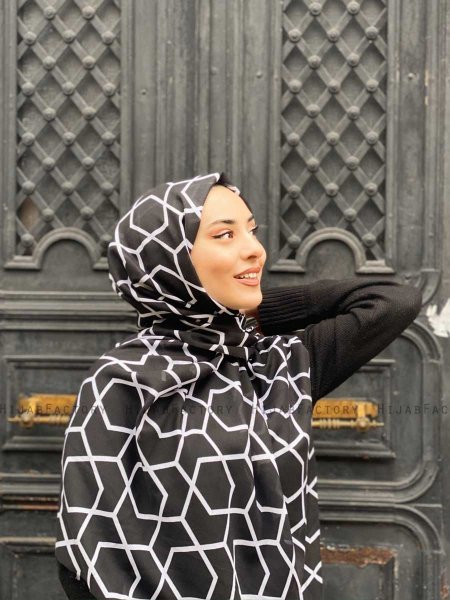 Sora - Black Patterned Cotton Hijab - Mirach