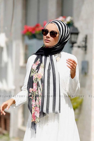 Vezna - Black Patterned Hijab - Sal Evi