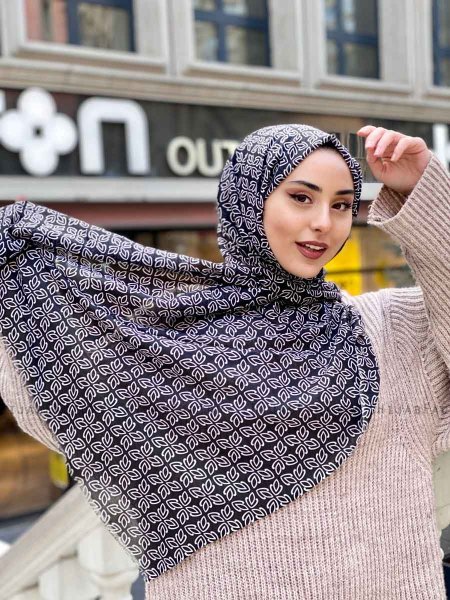 Wahida - Black Patterned Cotton Hijab - Mirach