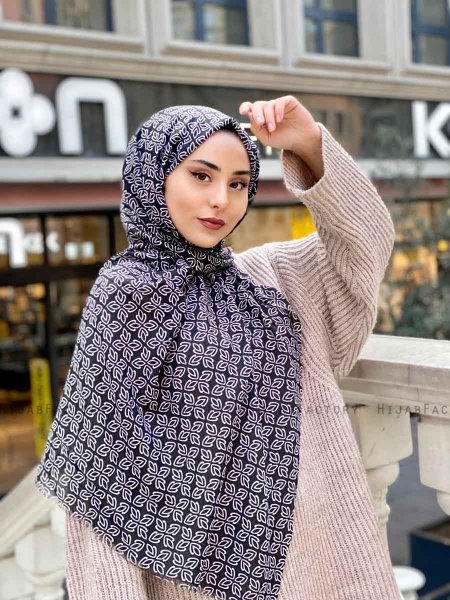 Wahida - Black Patterned Cotton Hijab - Mirach