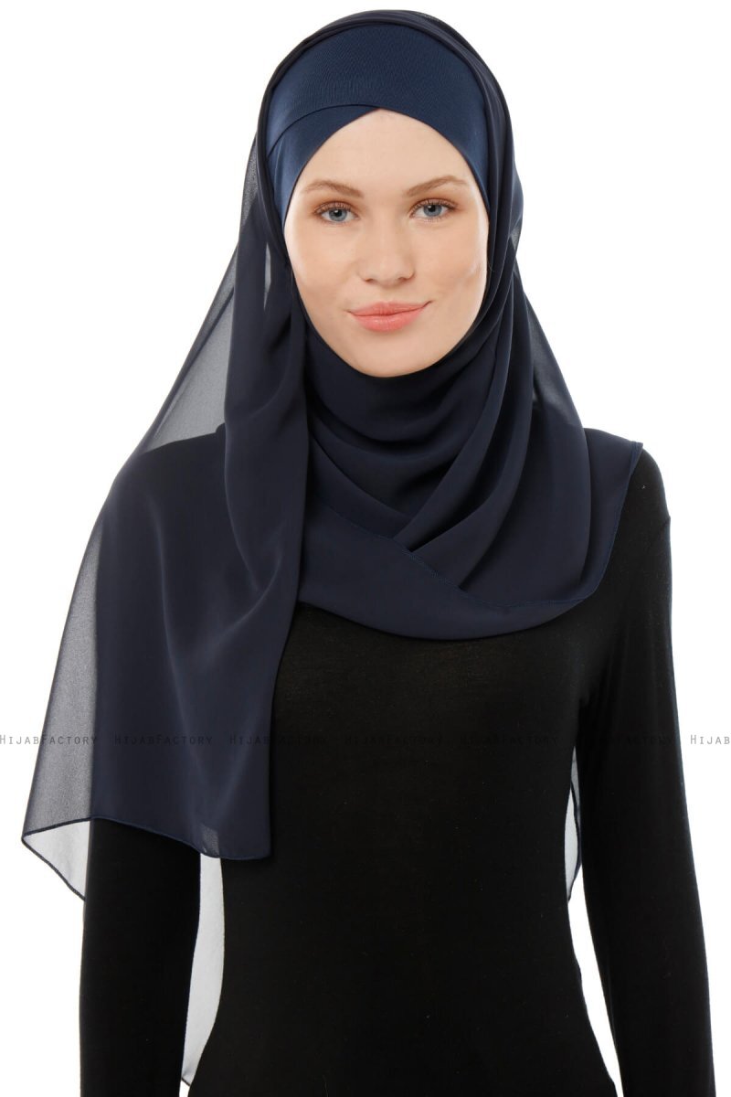 Navy Blue Cross-Gathered Hijab Bonnet Fukuro Pleated 2512_02 main image 1